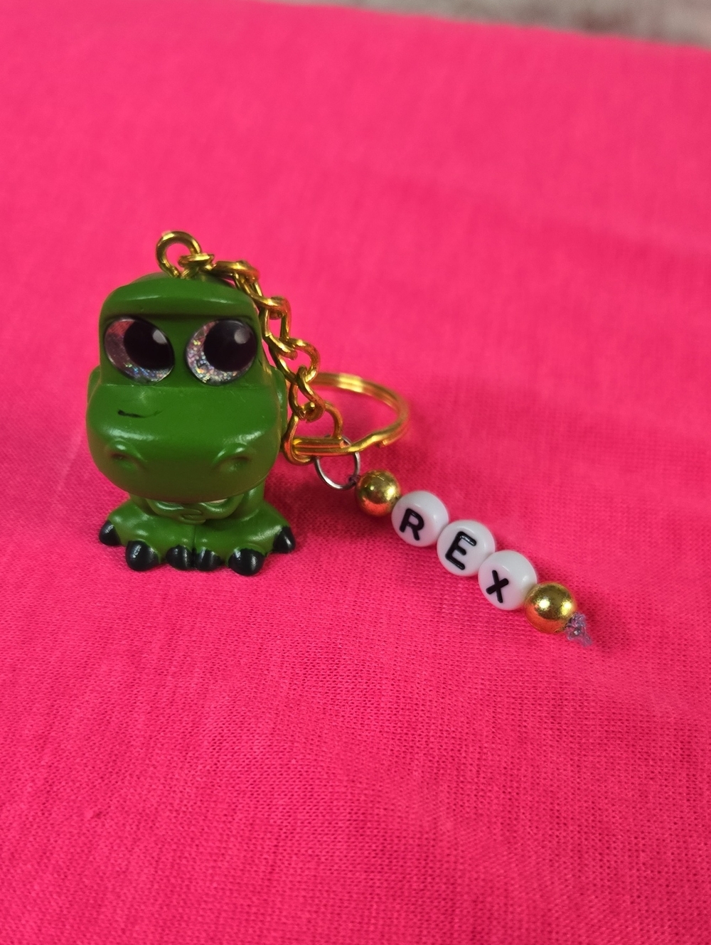 Green Dino Keychain Charm for Kids - Personalized 'REX' Bead Accent